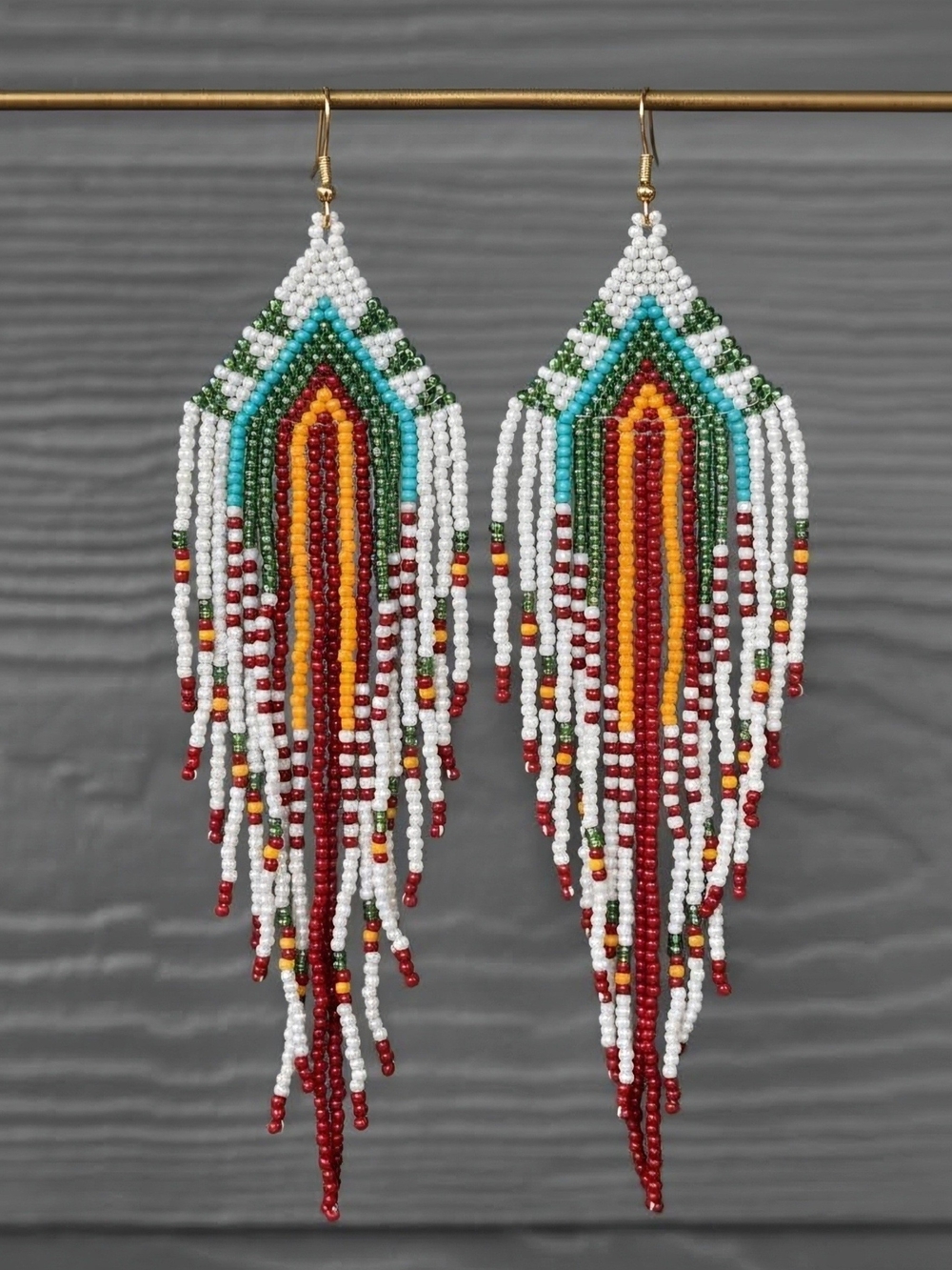 Handmade Gaia Southwestern Boho Fringe Beaded Earrings - White Green
